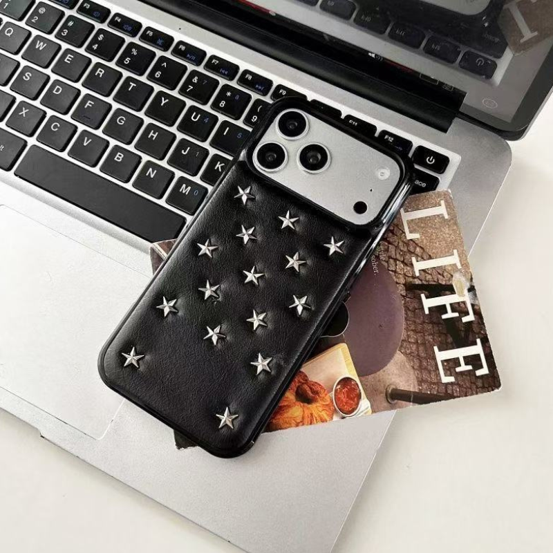 Black Star Stud Leather iPhone Case