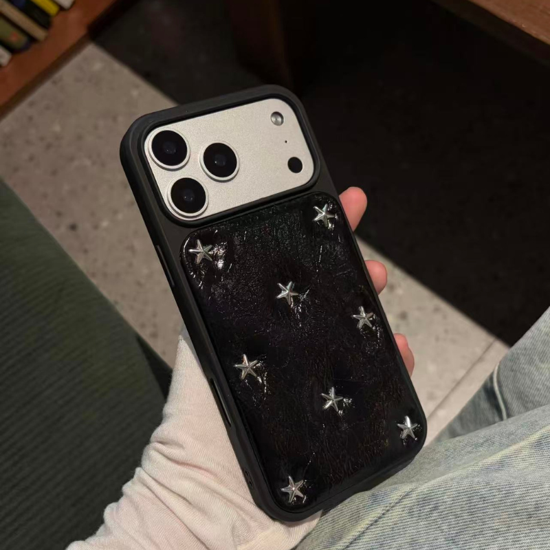 Black Star Stud Leather iPhone Case