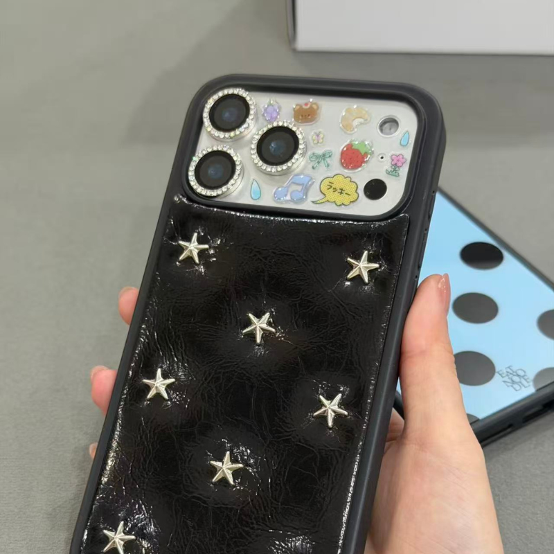 Black Star Stud Leather iPhone Case