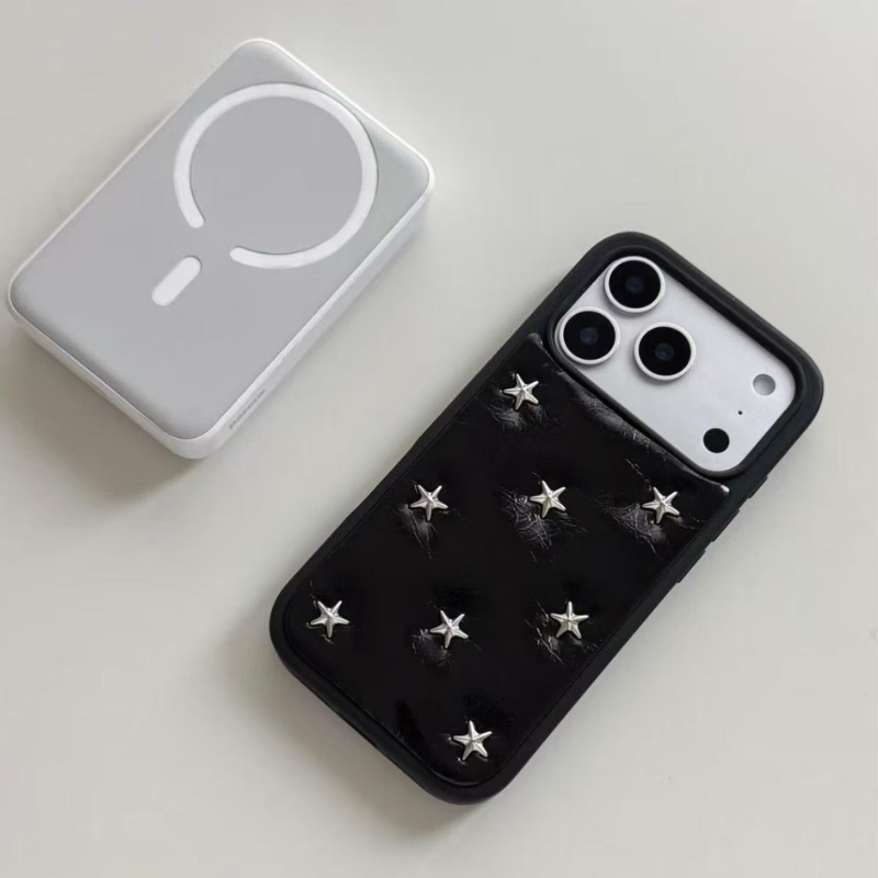 Black Star Stud Leather iPhone Case