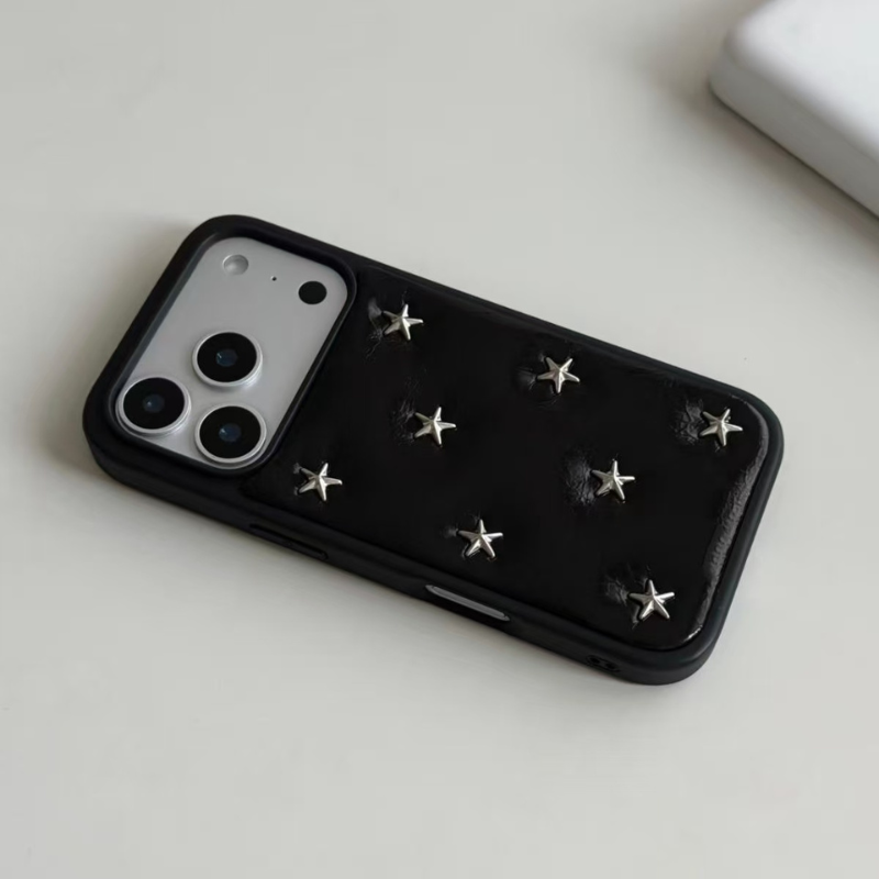Black Star Stud Leather iPhone Case
