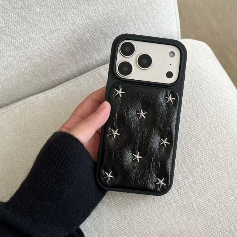 Black Star Stud Leather iPhone Case