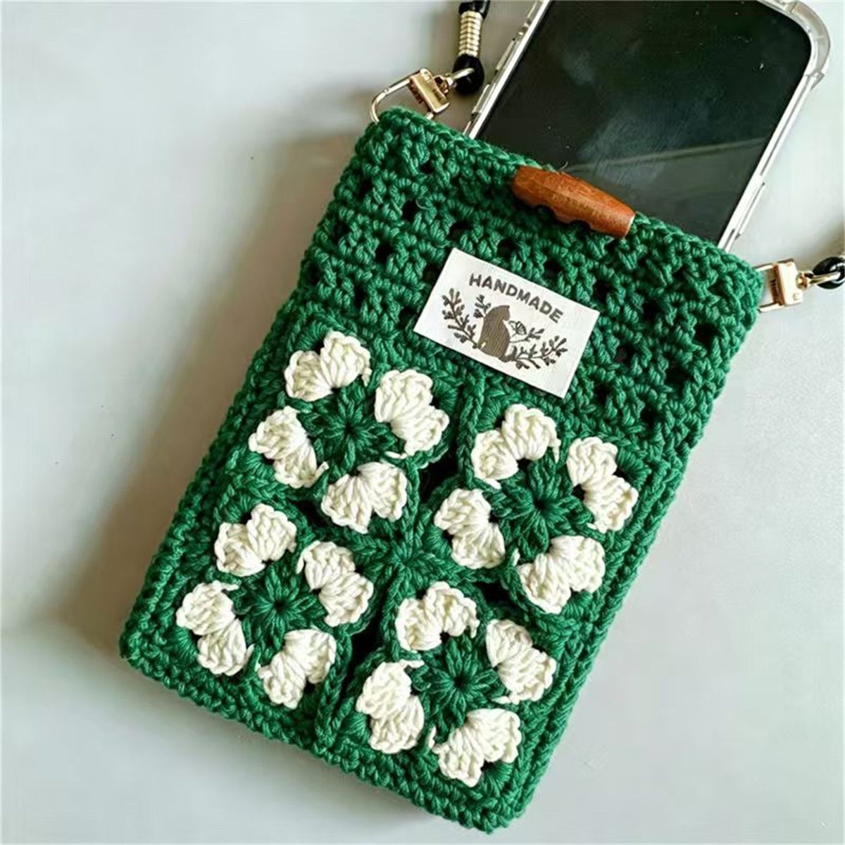 Fresh Green Knit Handmade Crochet Floral Phone Pouch