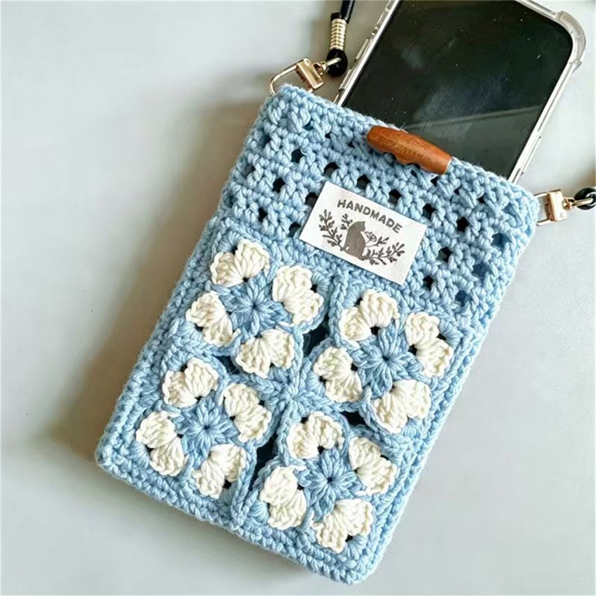 Fresh Green Knit Handmade Crochet Floral Phone Pouch