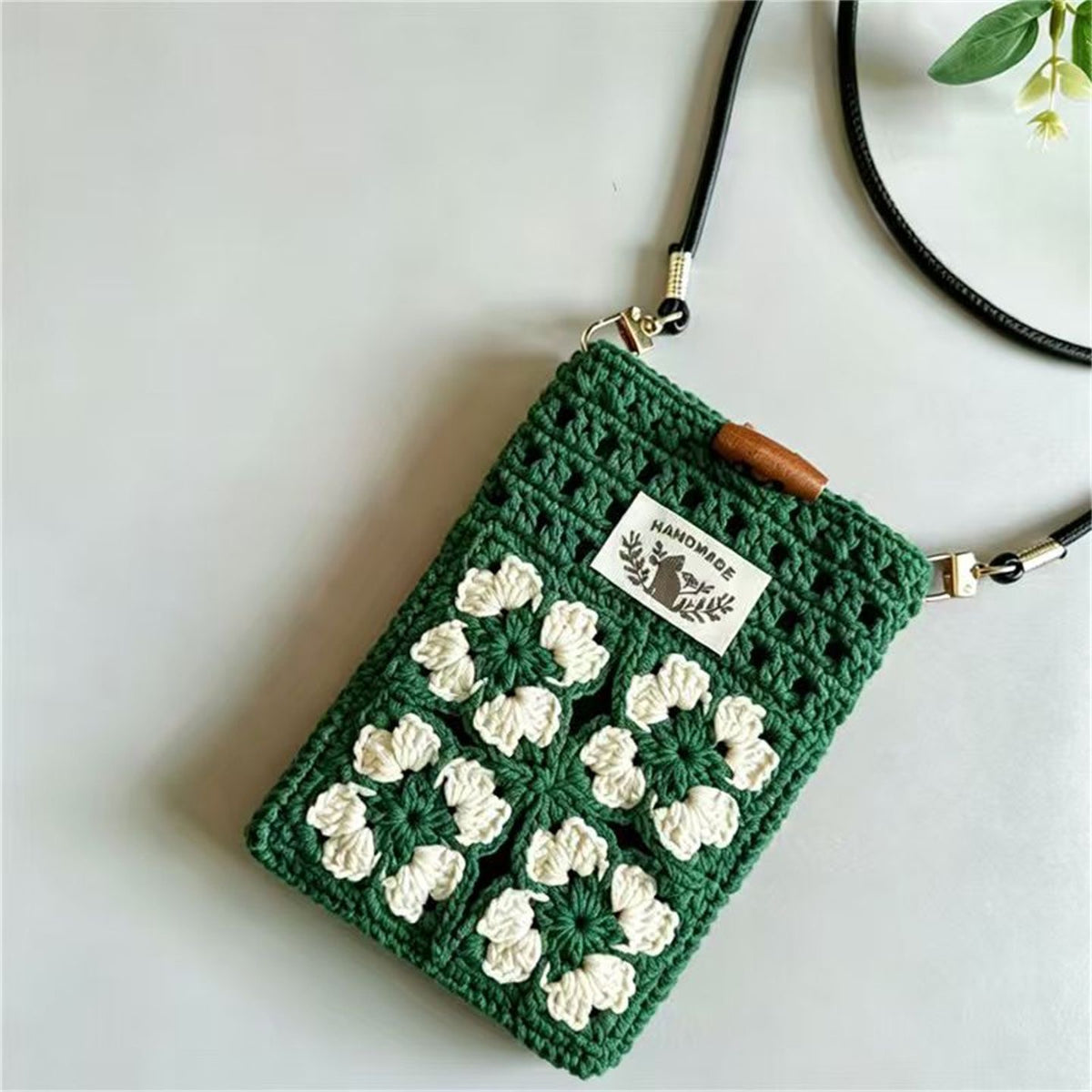Fresh Green Knit Handmade Crochet Floral Phone Pouch